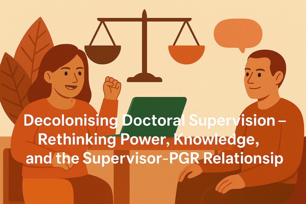 Flat-style illustration of two people in dialogue with a scale of justice and books between them, symbolising equity, power balance, and knowledge-sharing in doctoral supervision.
