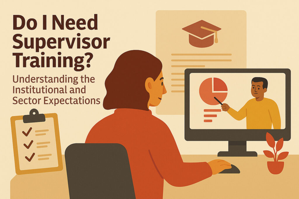 Flat-style illustration of a person at a desk watching an online training session on supervision, with icons like a checklist, graduation cap, and educational document symbolising professional development and sector standards.