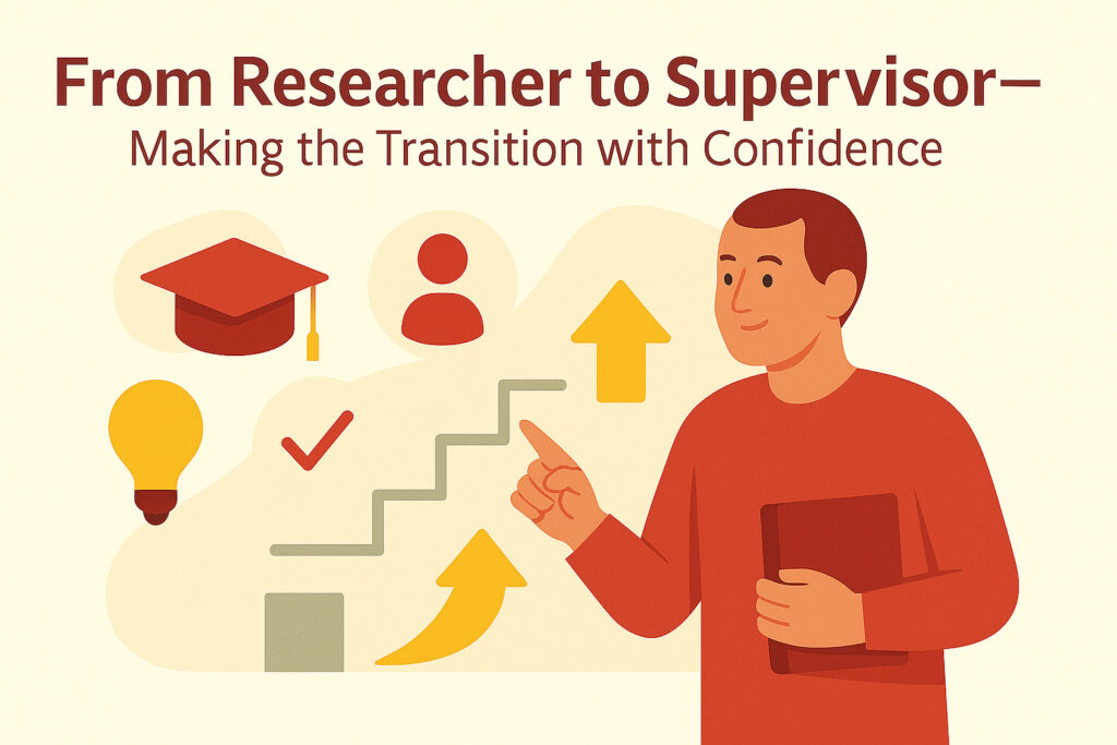 Flat-style illustration of a researcher confidently pointing at upward arrows and academic icons, symbolizing the transition to a doctoral supervisor role.