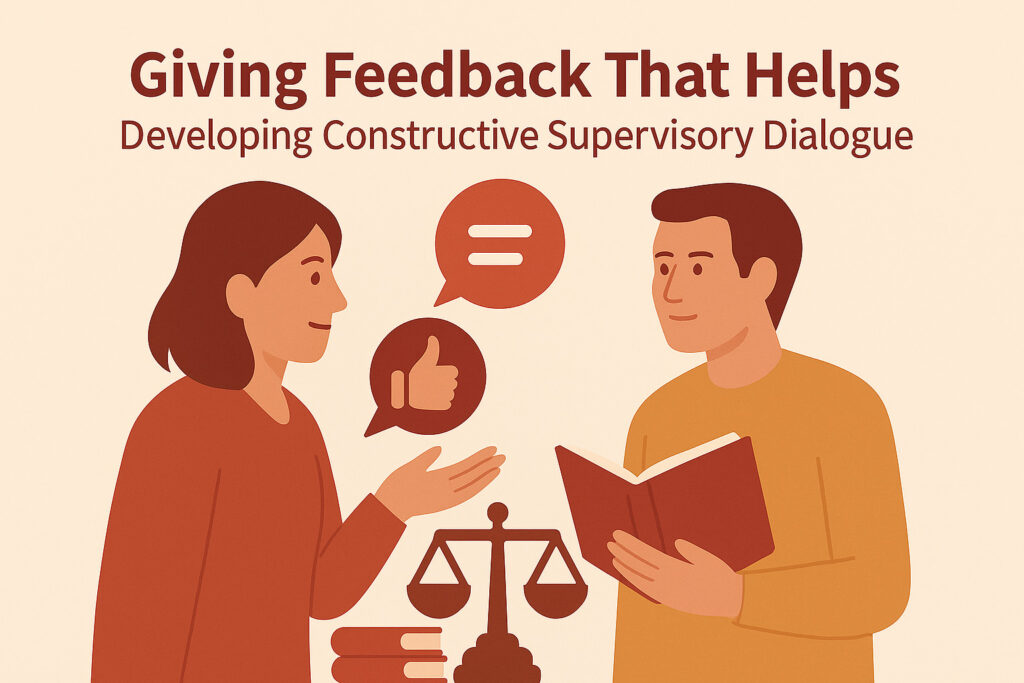 Flat-style illustration of two people exchanging feedback, surrounded by icons like speech bubbles, a thumbs-up, and scales — representing constructive and balanced doctoral supervision.
