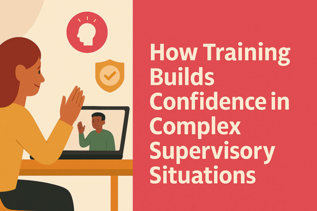Flat-style illustration showing a doctoral supervisor engaging in online training, with icons of learning, security, and communication — symbolising how training boosts confidence in managing complex situations.