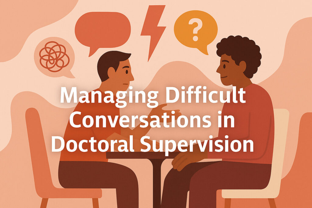 Flat-style illustration of two individuals having a serious conversation at a table, with speech bubbles containing symbols of confusion, tension, and questions — representing the challenge of managing difficult supervisory dialogue.