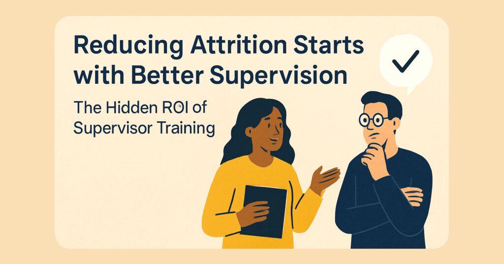 Flat-style illustration of two supervisors in dialogue, with a checkmark symbolising successful communication and the hidden benefits of supervisor training in reducing doctoral attrition.