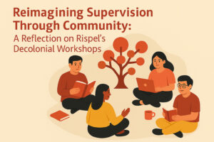 Flat-style illustration of a community-based academic workshop with four people sitting around a symbolic red tree, inspired by Rispel’s decolonial supervision model.