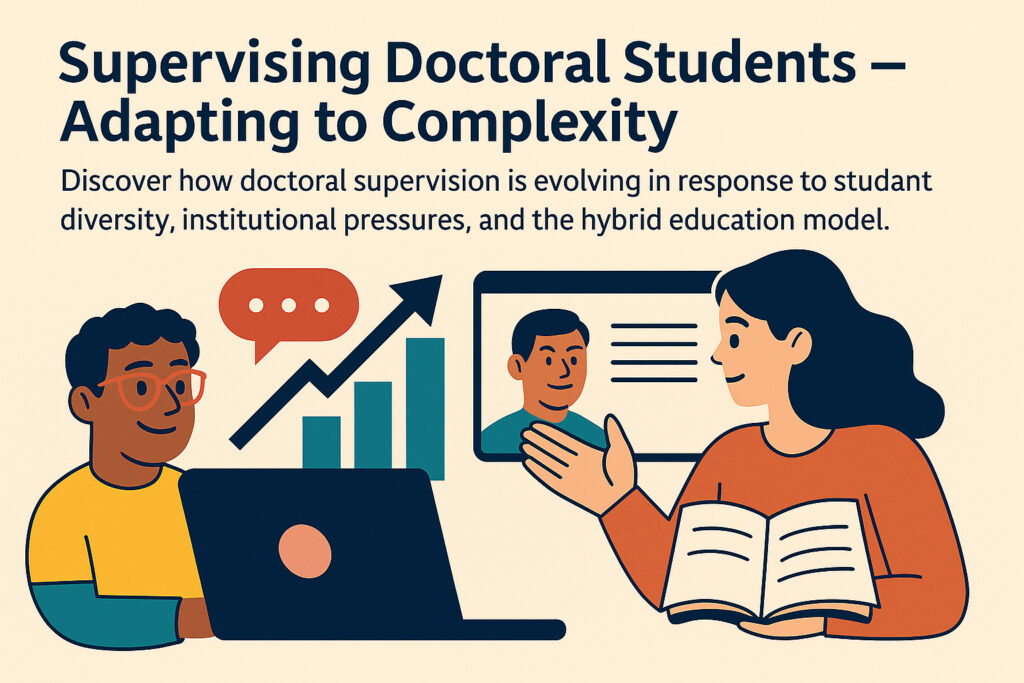 A flat-style digital illustration showing a doctoral supervisor and a student in a hybrid academic setting, with laptops, books, and abstract educational icons in the background. The image reflects complexity, collaboration, and evolving doctoral supervision practices.