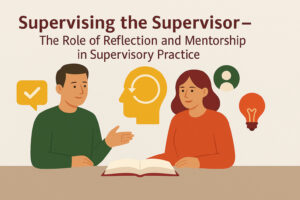 Flat-style illustration of two supervisors in conversation with icons representing mentorship, reflection, and guidance — including a head silhouette with a circular arrow, speech bubbles, and an open book.