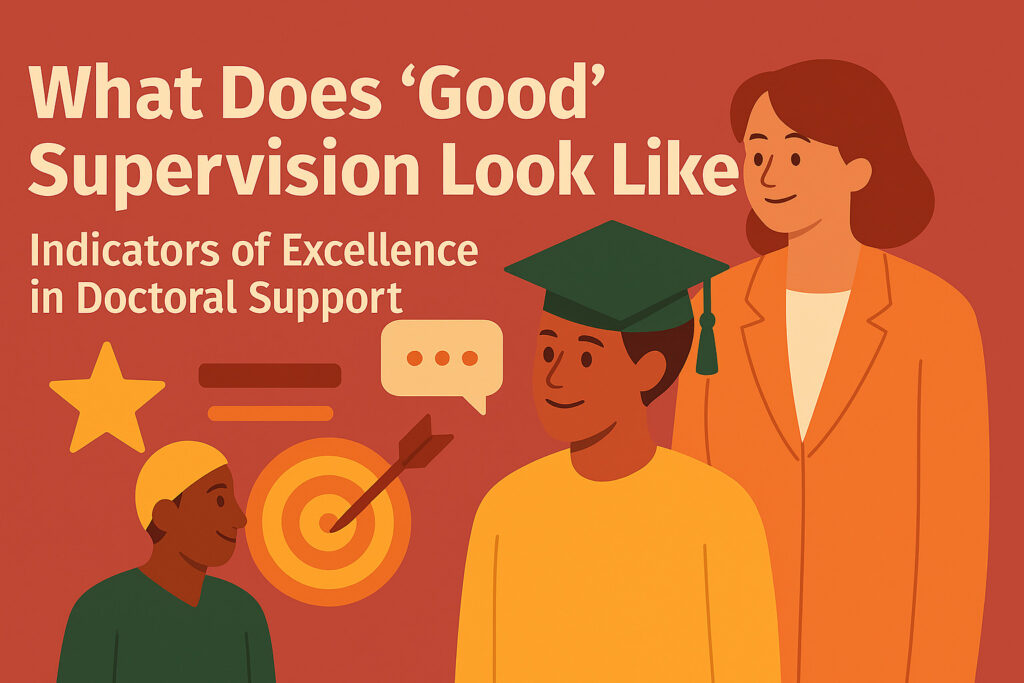 Flat-style illustration showing a supervisor and doctoral students surrounded by symbols of excellence — a star, target, chat bubble, and graduation cap — highlighting key indicators of high-quality doctoral support.