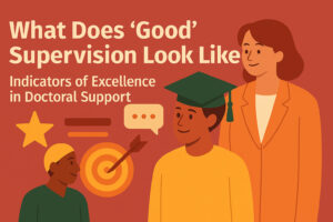Flat-style illustration showing a supervisor and doctoral students surrounded by symbols of excellence — a star, target, chat bubble, and graduation cap — highlighting key indicators of high-quality doctoral support.