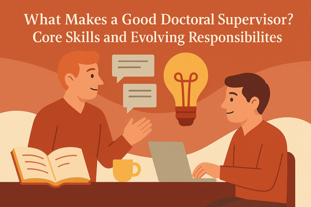 Illustration of a doctoral supervisor and student in conversation, symbolizing guidance, mutual engagement, and evolving responsibilities in supervision.