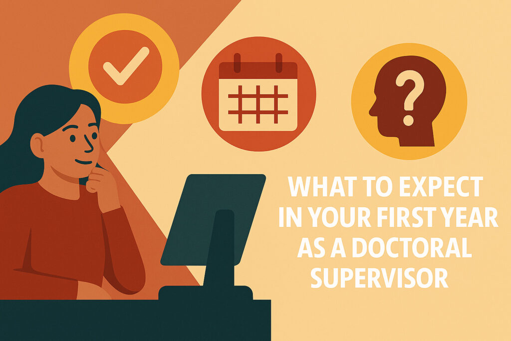 Flat-style illustration of a new doctoral supervisor at a desk, surrounded by icons representing guidance, planning, and uncertainty — capturing the learning curve of the first year in supervision.