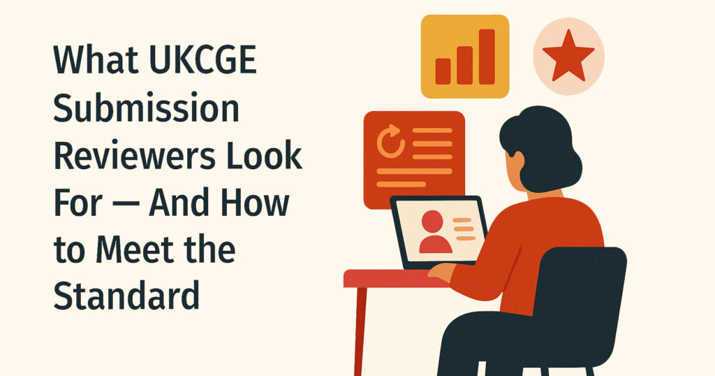 Flat-style illustration of a reviewer working at a laptop, surrounded by icons of evaluation and feedback, visually representing the UKCGE submission review process and expectations.