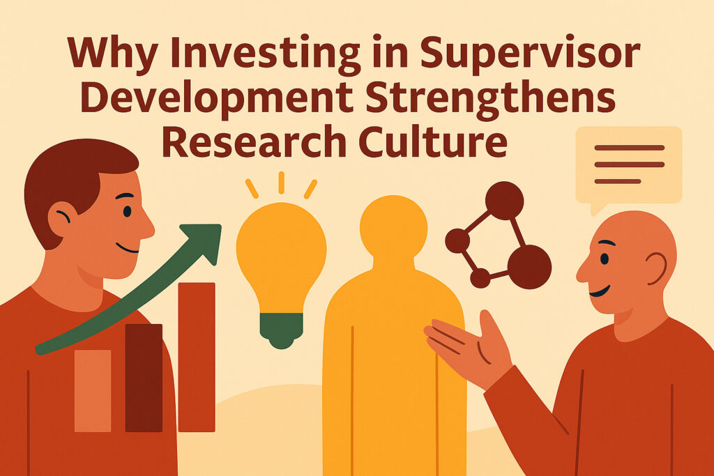 Flat-style illustration of supervisors exchanging ideas, with icons of a lightbulb, network, and growth graph, symbolising how supervisor development enhances research culture.