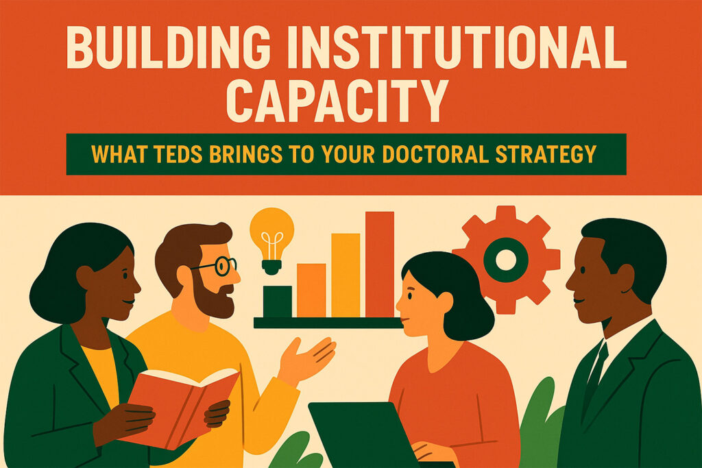 Illustration of diverse academics collaborating, with graphs, gears, and a laptop symbolising doctoral strategy and capacity building