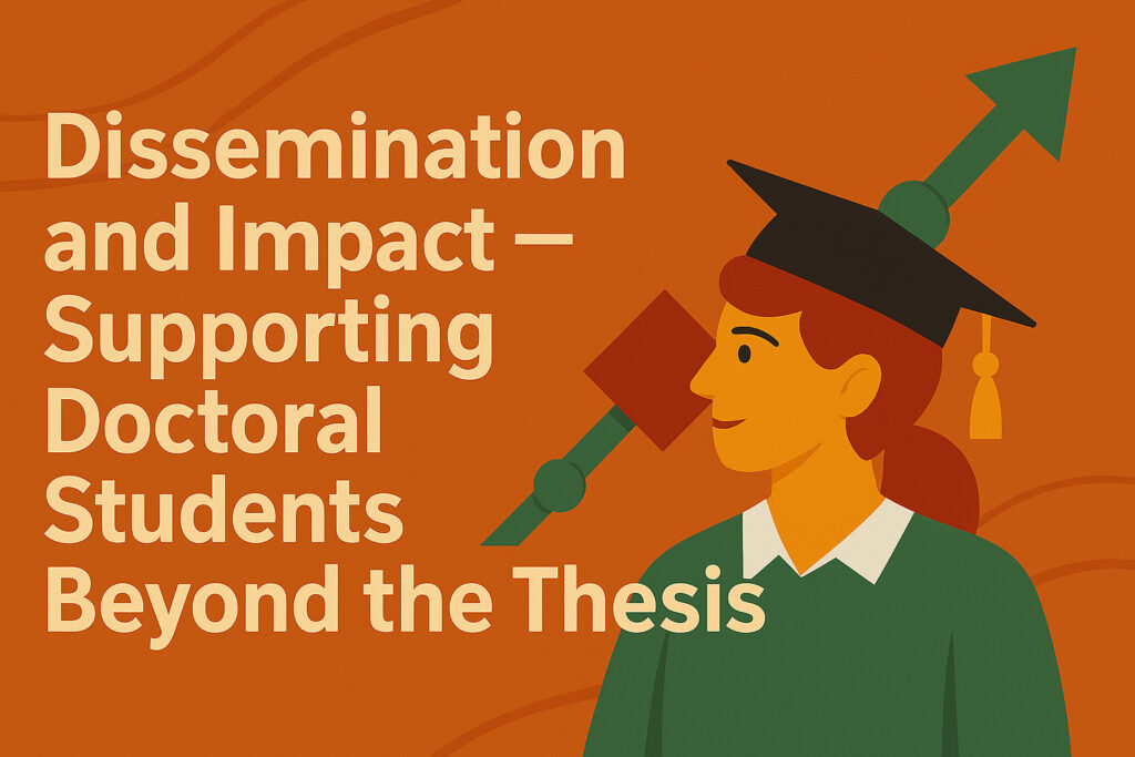 Flat-style illustration of a doctoral student sharing research with diverse audiences — including public, policy, and academic platforms — symbolising dissemination and real-world impact.