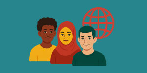 Illustration of three ethnically diverse people with a red globe in the background