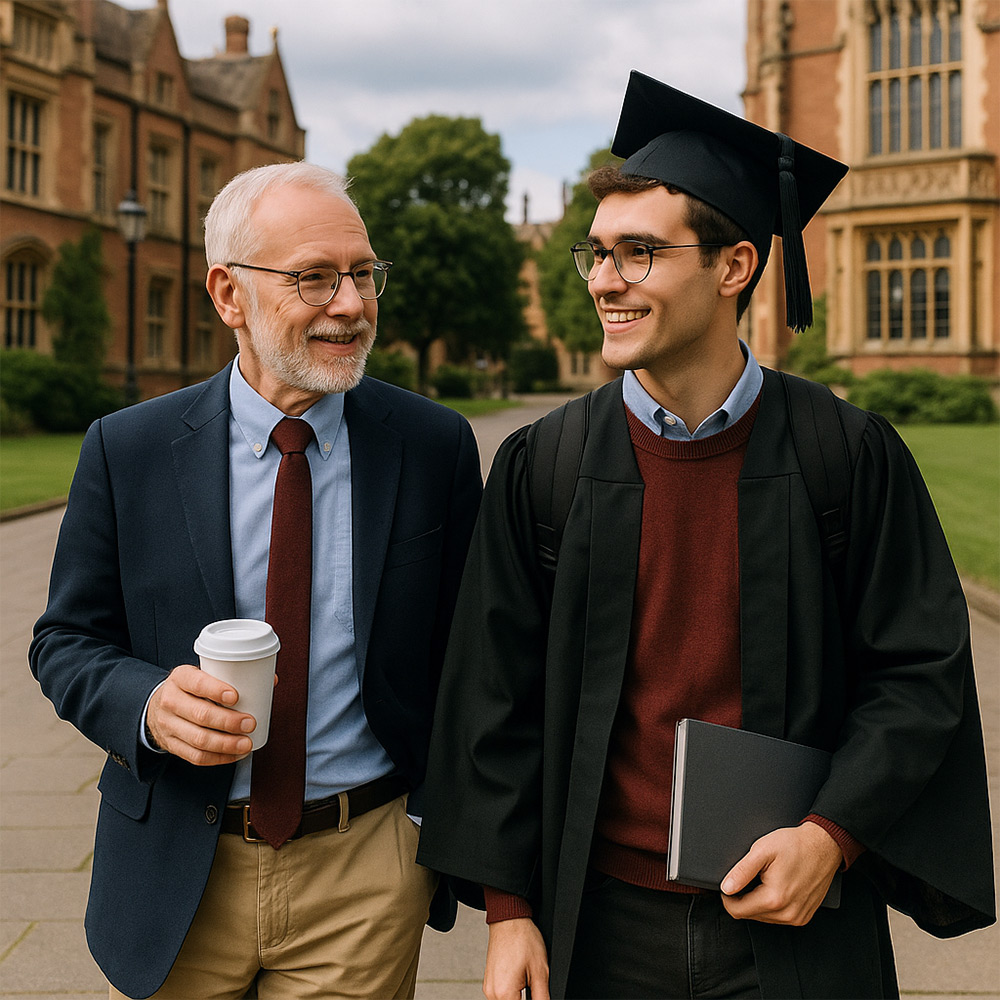 Professor and doctoral student walking together on a British university campus