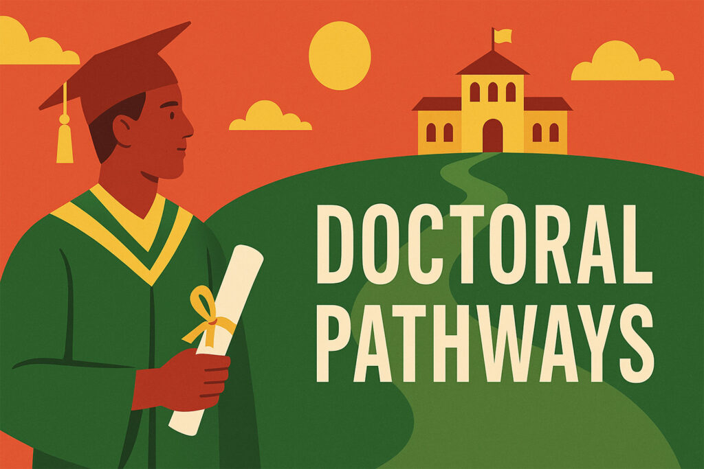 Graduate in academic gown holding a diploma on a path leading to a university with the title 'Doctoral Pathways'