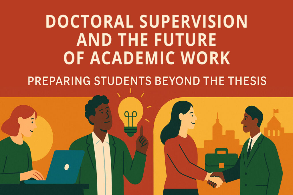 Flat-style illustration showing supervisors and students engaged in creative, career-focused interactions — including laptop work, idea-sharing, and professional handshakes — symbolising supervision that prepares for life beyond the thesis.