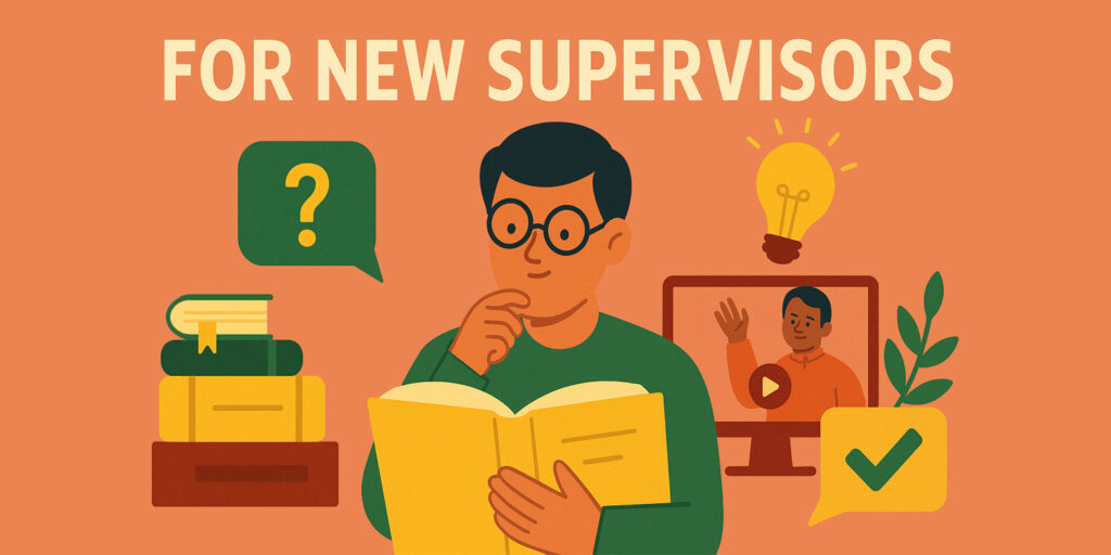 Flat-style illustration showing three diverse supervisors in conversation, one holding a book, another mentoring a younger academic with a question mark above his head