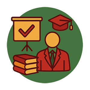Icon showing a supervisor figure with books, a checkmark on a flipchart, and a graduation cap, symbolising an introductory online session on supervision