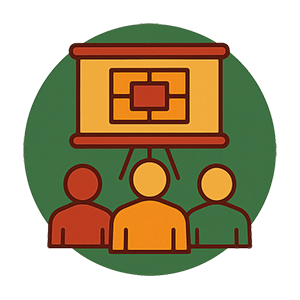Icon showing three people in front of a presentation board with a framework diagram, representing an in-person supervision workshop