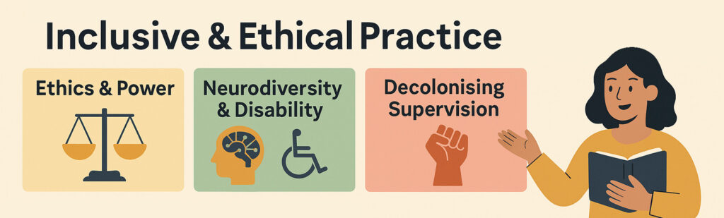 Flat-style illustration showing ethics, neurodiversity, and decolonising supervision as components of inclusive and ethical doctoral practice