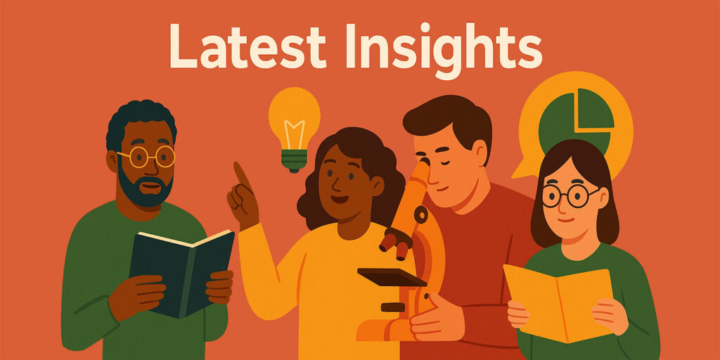 Four diverse researchers collaborating on academic tasks in a flat-style illustration with educational icons like a lightbulb and microscope