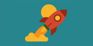 Flat illustration of a red rocket launching with yellow flames on a teal background