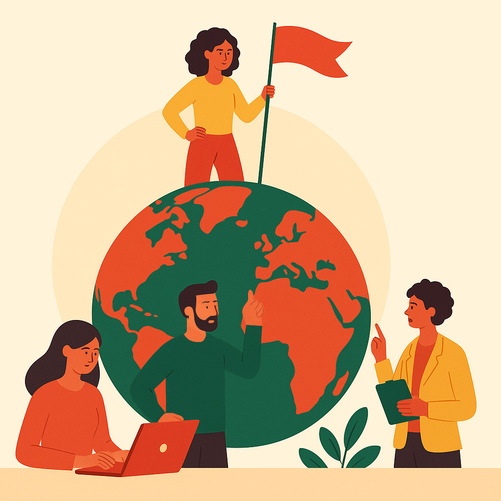 Flat-style illustration of four people collaborating around a globe, with one woman holding a flag on top — representing global academic cooperation and intentional doctoral supervision.