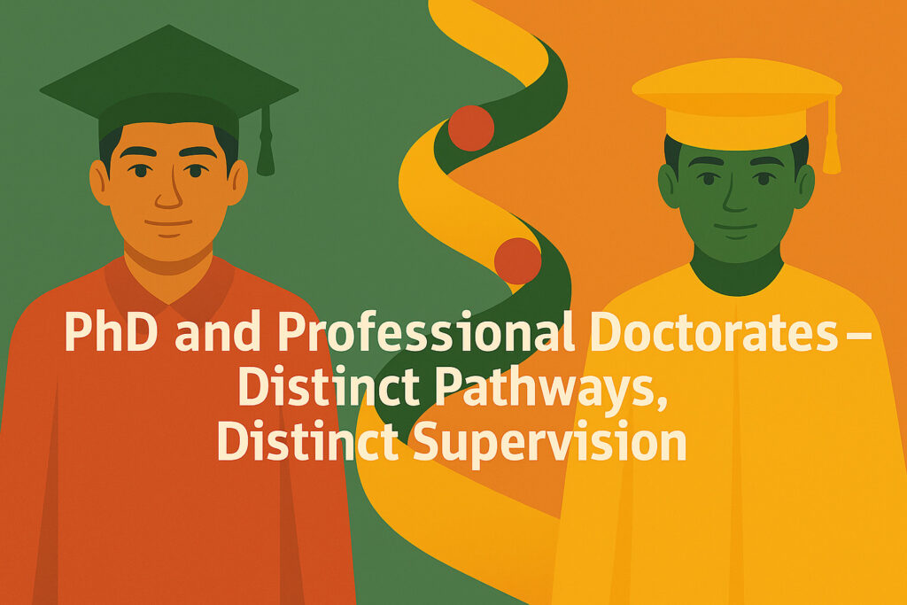 Illustration comparing PhD and professional doctorate supervision, with academic and applied research icons in bold colours