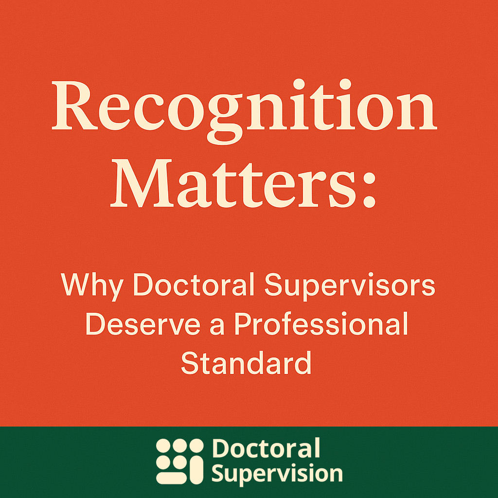 Flat-style digital illustration of a supervisor standing confidently with a certificate in hand, surrounded by symbols of achievement, mentoring, and academic credibility — representing the value of professional recognition in doctoral supervision.