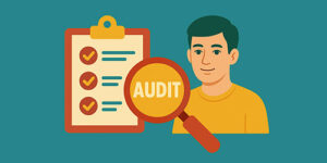 Illustration of a man, checklist, and magnifying glass over the word "AUDIT"