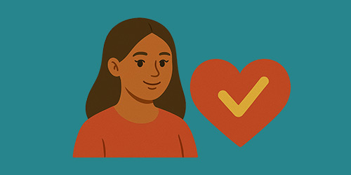 Illustration of a woman with a large heart and checkmark symbol