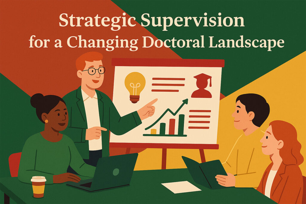 Illustration of four diverse academic professionals in a meeting setting, collaborating on doctoral supervision strategy