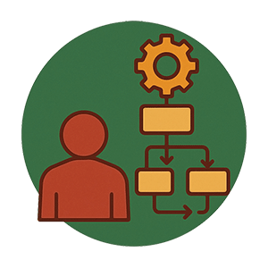 Icon with a person, interconnected blocks, arrows, and a gear, symbolising systemic change and strategic supervision support