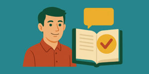 Illustration of a smiling man with an open book and speech bubble