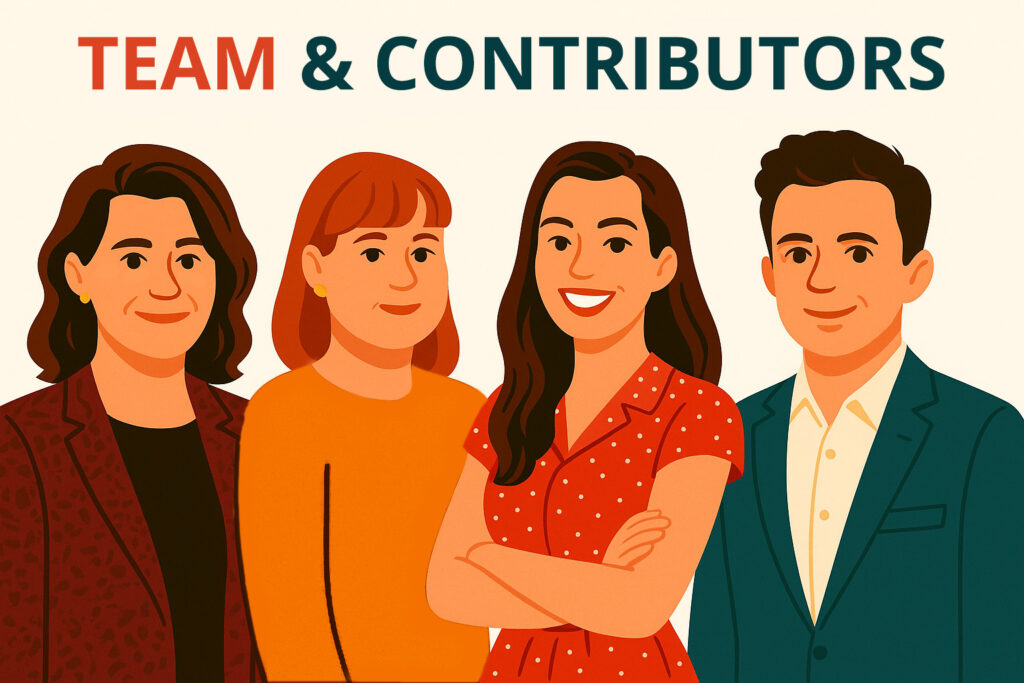 Flat-style illustration featuring four diverse team members under the heading "Team & Contributors" on a light background