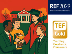 Illustration of diverse students and academics shaking hands in front of a university, with REF 2029 and TEF Gold logos on the side
