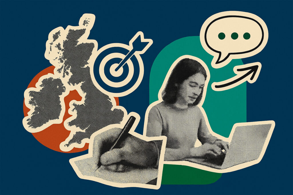 Stylised collage with cutouts of a UK map with target, a hand writing, and a woman typing on a laptop with a speech bubble, overlaid on abstract shapes in dark blue, red, green, and cream.