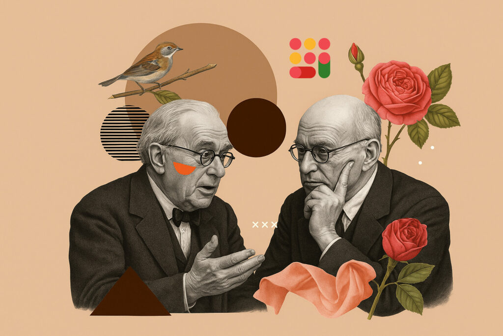 Two elderly academics in conversation, surrounded by symbolic collage elements including flowers, a bird, and abstract shapes