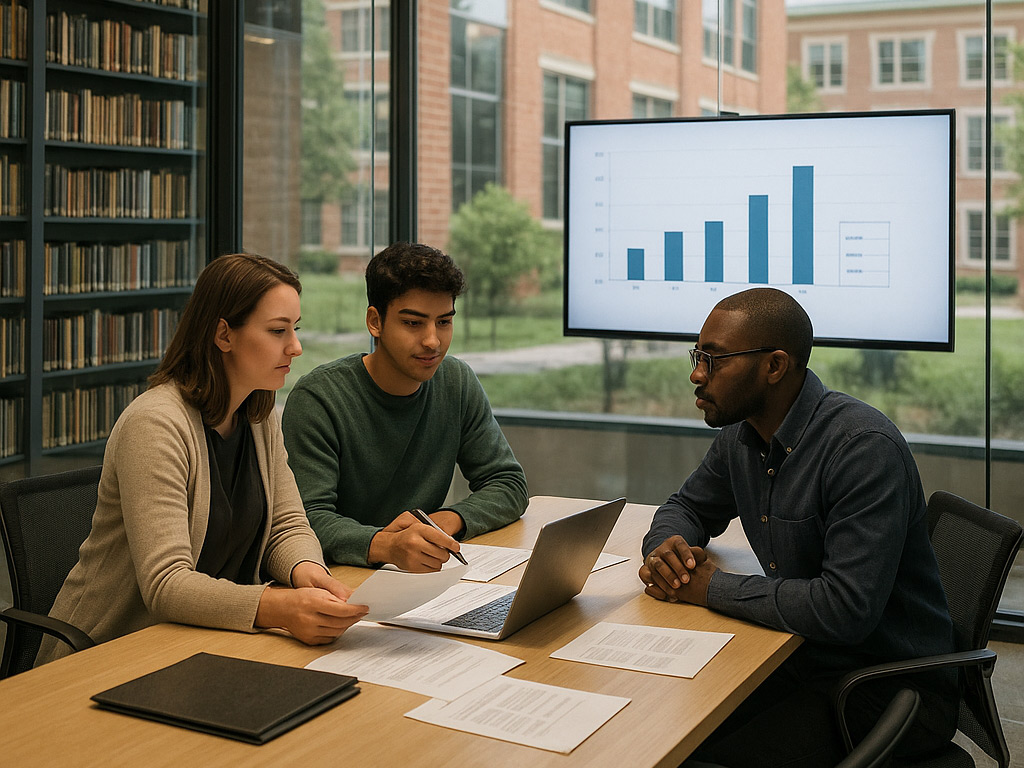 A group of university staff and doctoral supervisors participating in a training session in a modern seminar room.