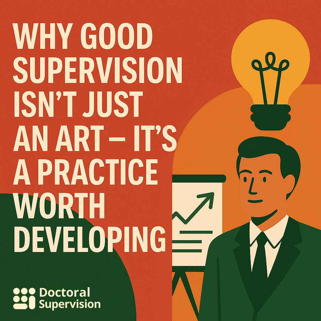 Flat-style digital illustration of a doctoral supervisor refining their skills through structured training, surrounded by icons of reflection, planning, and academic development — highlighting supervision as a learnable practice.